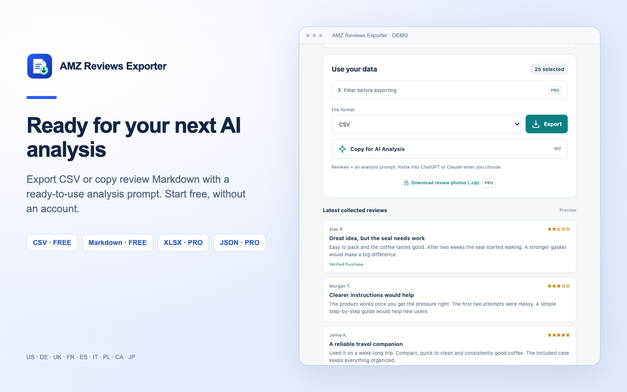 AMZ Reviews Exporter demo: CSV export and Copy for AI Analysis with 25 selected reviews