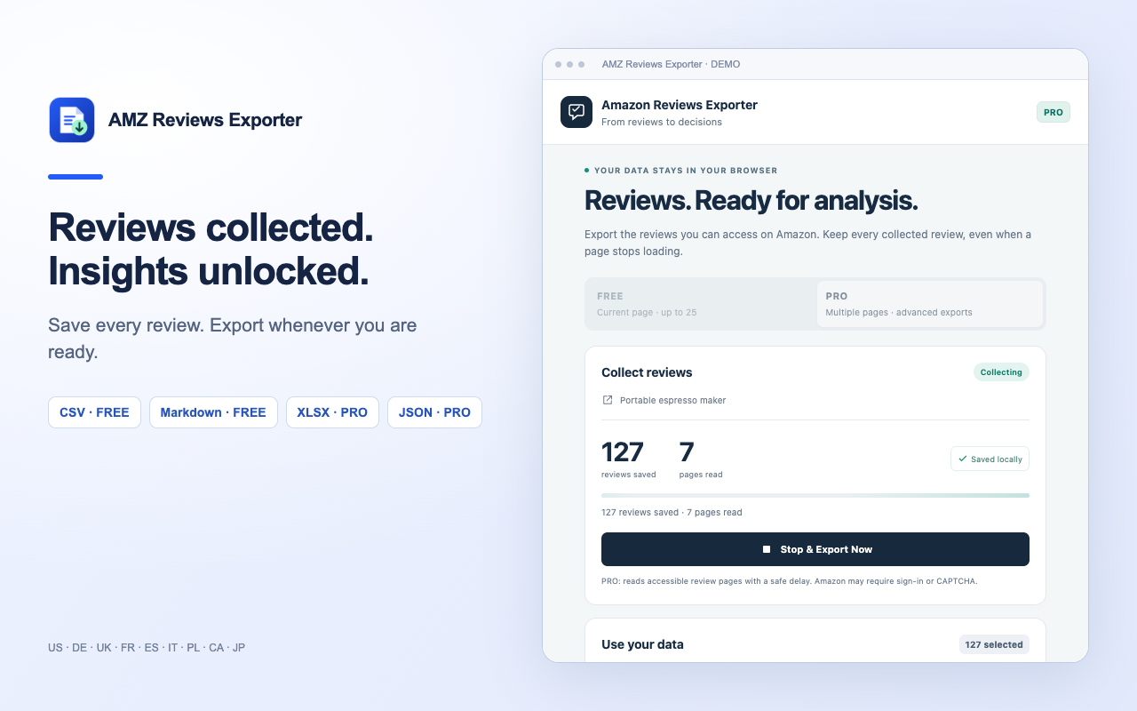 AMZ Reviews Exporter PRO demonstration of progress, saved results and Stop & Export Now
