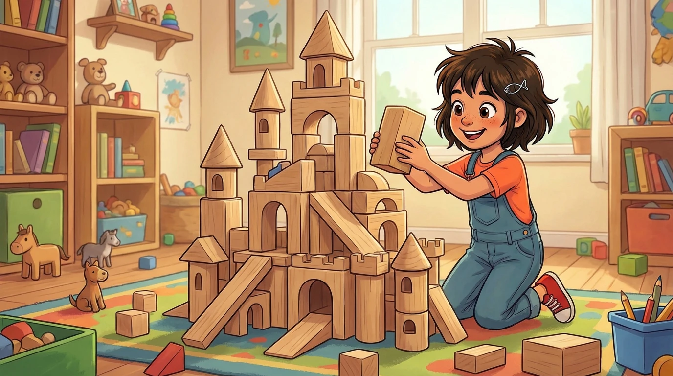 Mira building a castle with wooden blocks