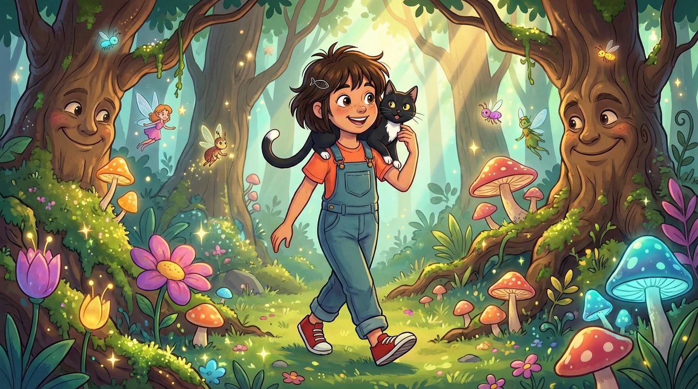 Mira with Tot on her shoulder in an enchanted forest