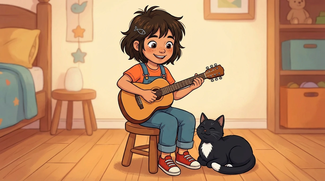 Mira playing a small guitar while Tot purrs