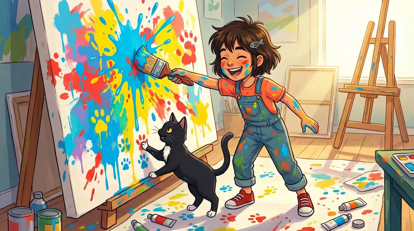 Mira and her cat Tot painting a picture together with colorful paints