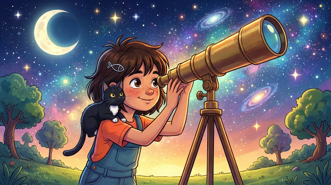 Mira and Tot looking at the stars through a telescope
