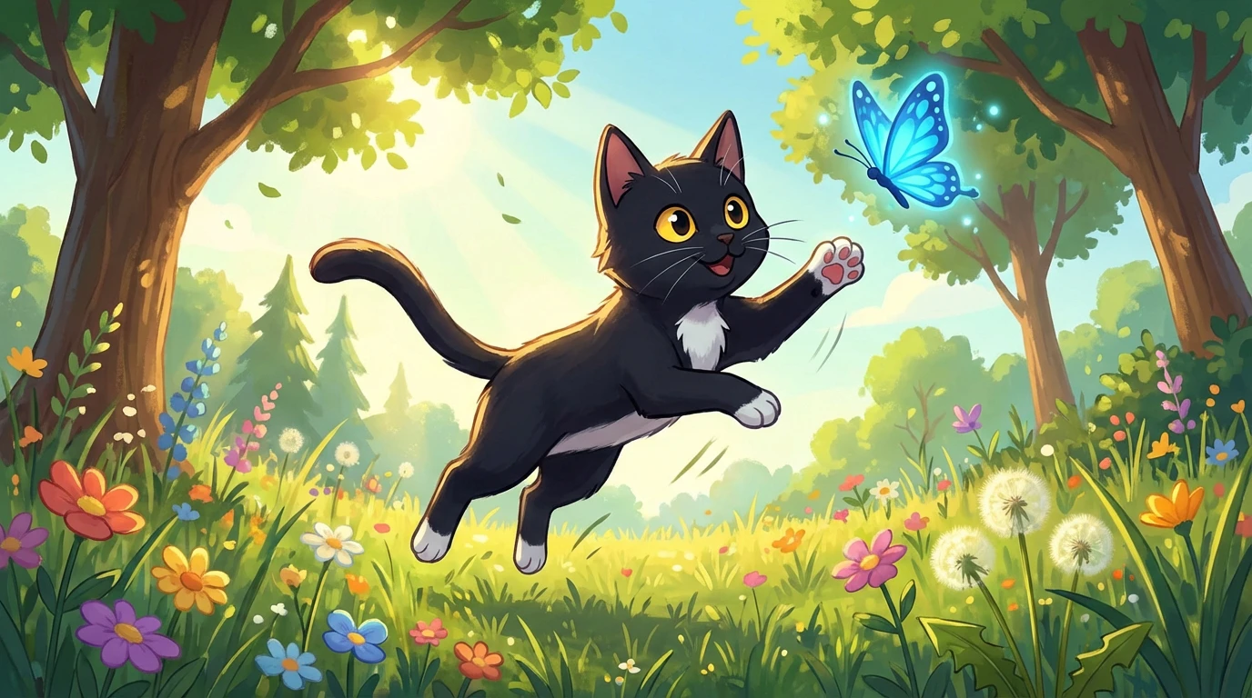 Cat Tot trying to catch a blue butterfly