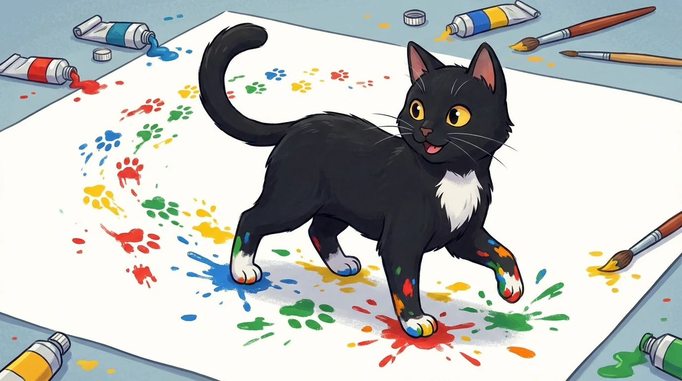Cat Tot leaving painted paw prints behind