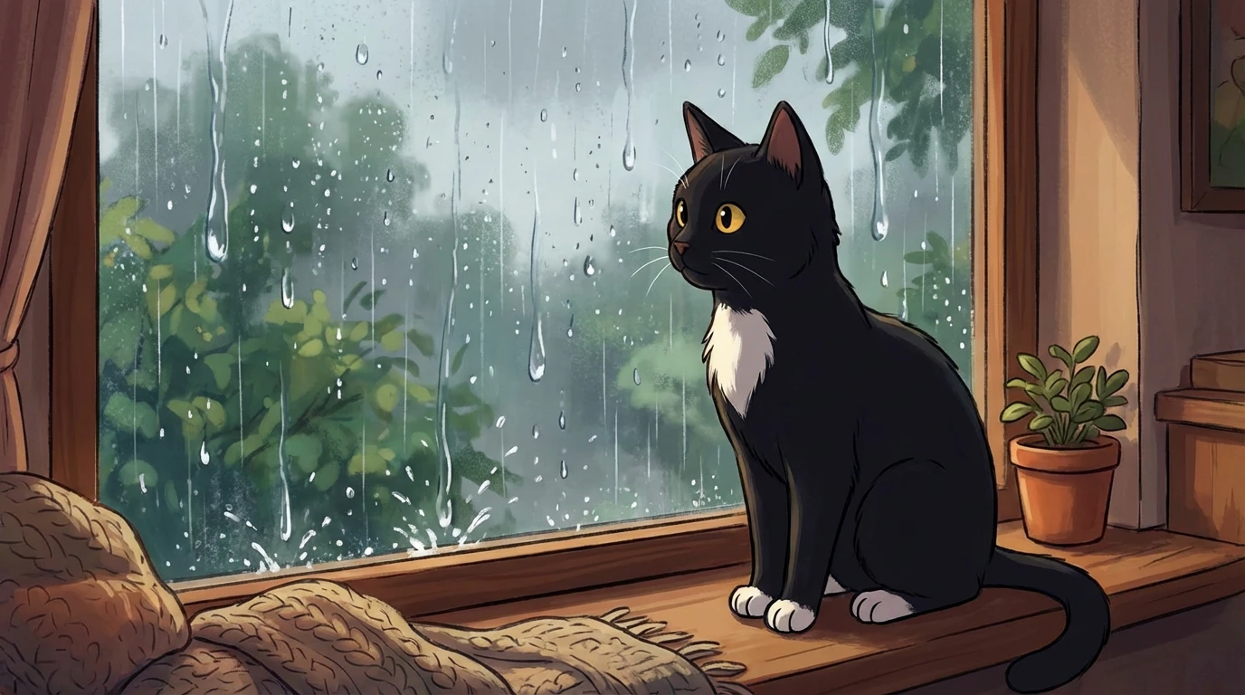Cat Tot watching the rain fall through the window